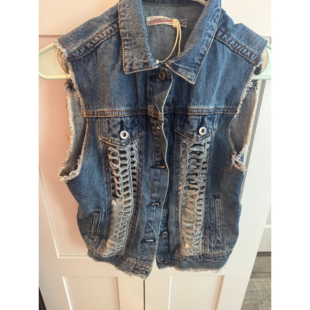Vintage Havana Womens Blue Denim Vest Crochet Ladder Cut Out Distressed Large